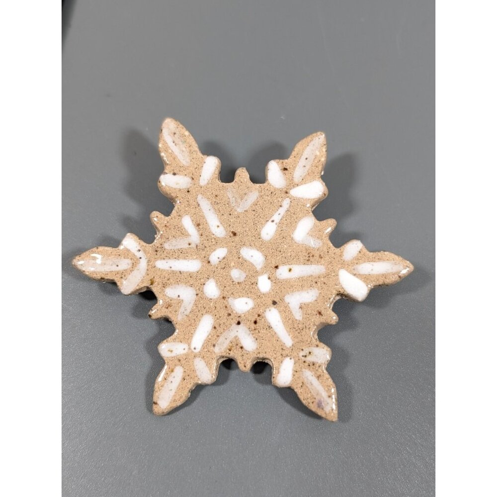 Artisan Tan Brown White Ceramic Snowflake Pin Brooch Winter Christmas